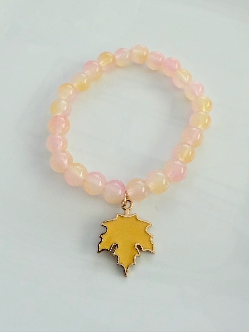 Pastel Pink & Yellow Beaded Bracelet with Gold Leaf Charm Fall Handmade Jewelry